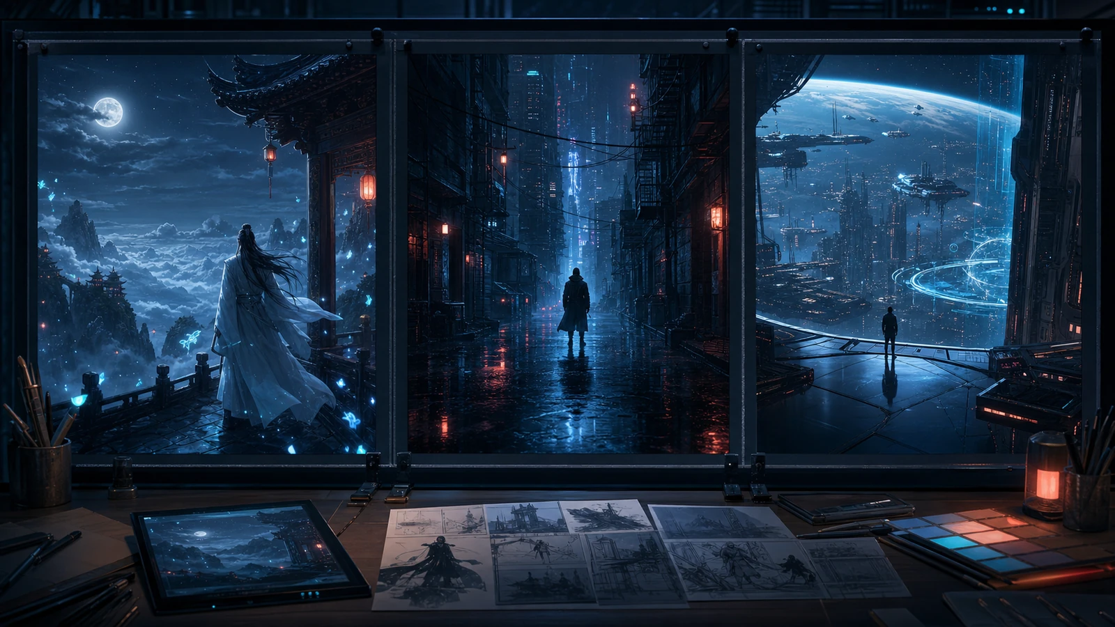 Three cinematic concept frames used as a teaching demonstration