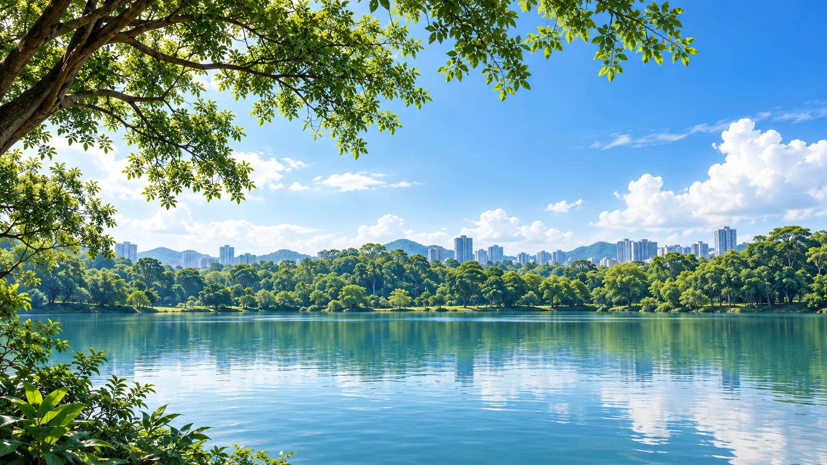綠樹、湖面與城市遠景，東湖公園主題氛圍示意。