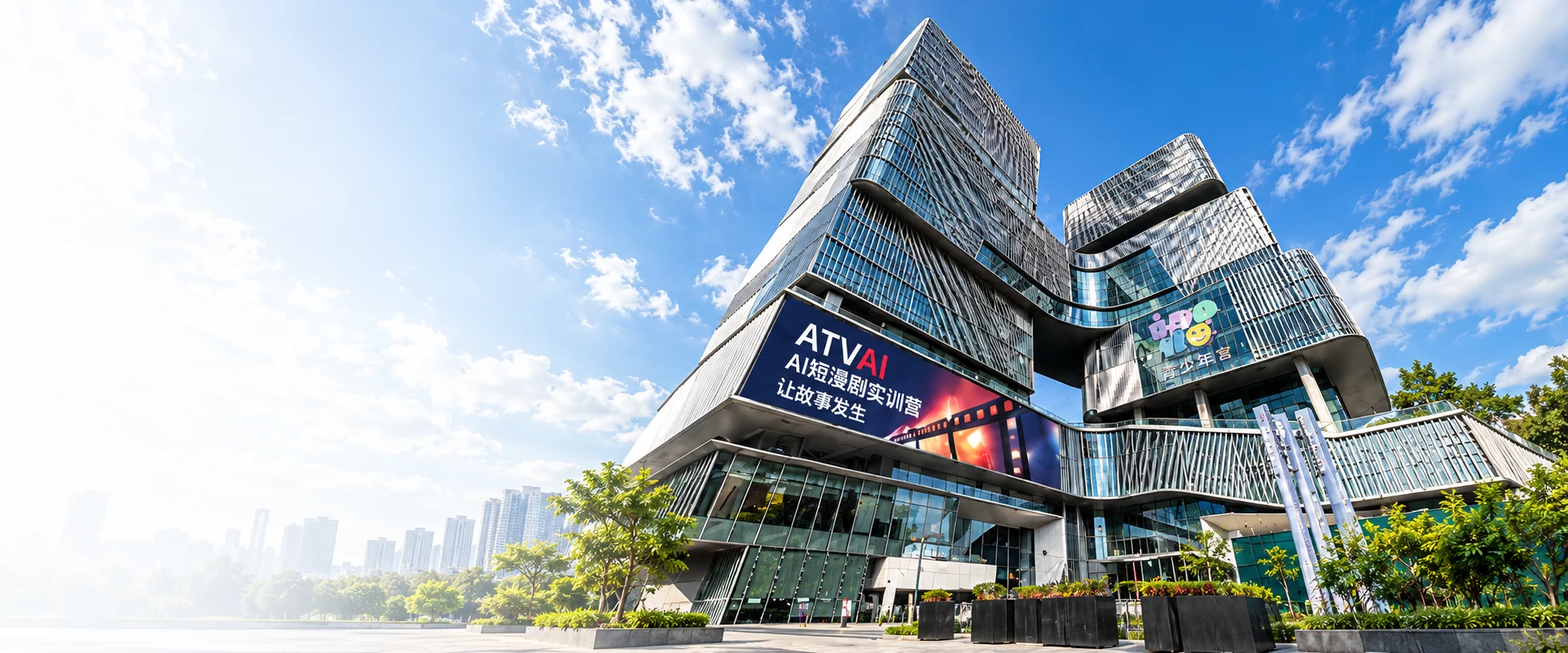 羅湖區圖書館與青少年宮建築，左側圖書館戶外屏呈現ATVAI創作主題海報。
